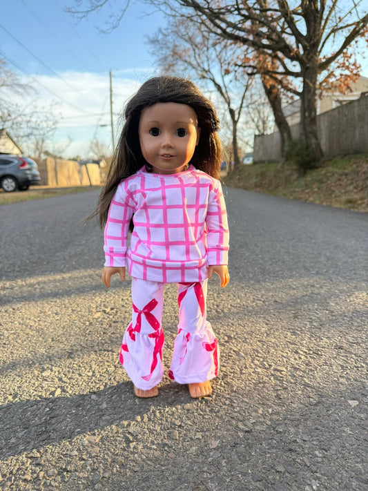 DOLL pink/white checkered light sweater and valentines bow bells set