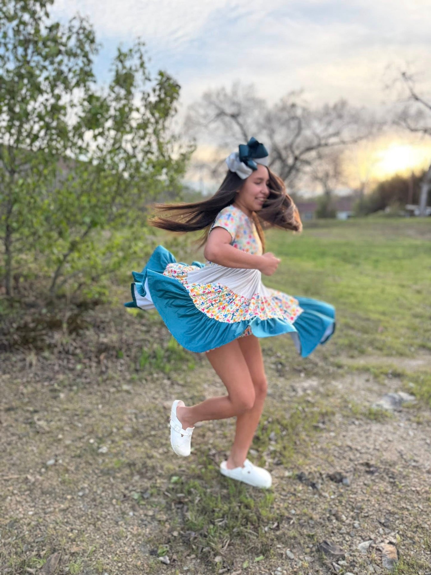 cream/teal/floral cross Bella twirl dress
