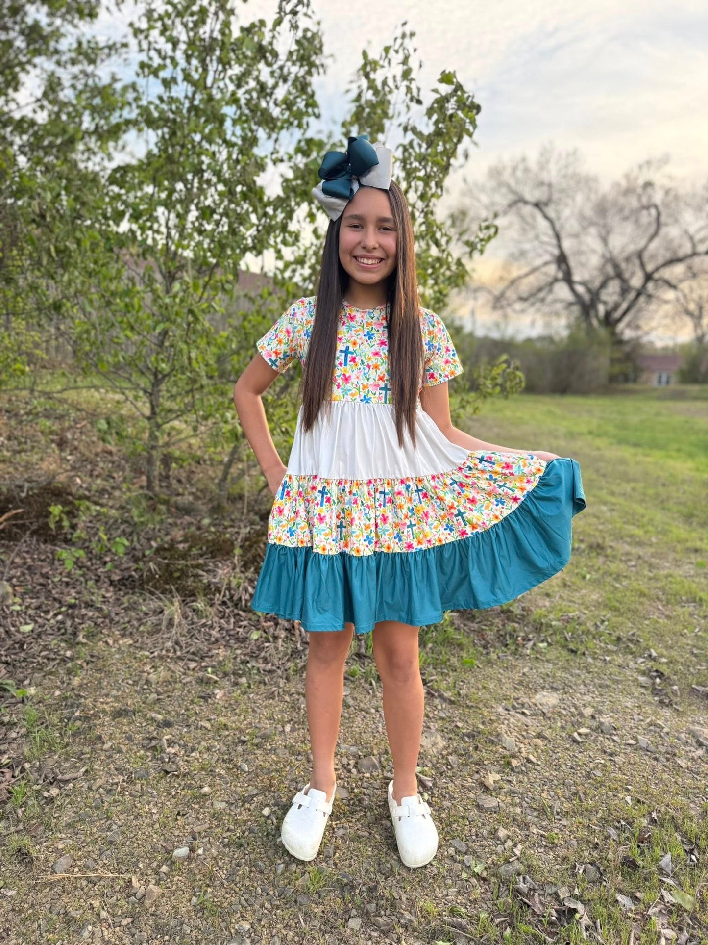 cream/teal/floral cross Bella twirl dress