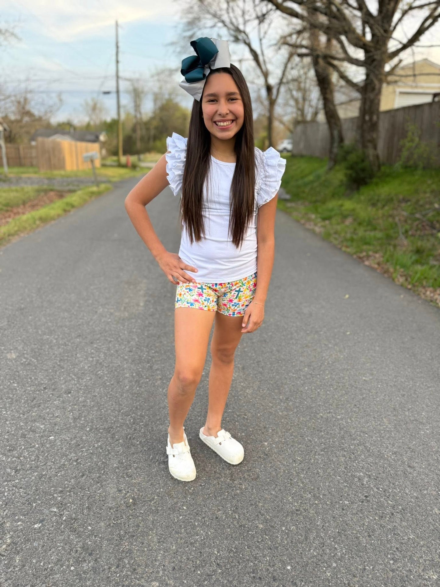 floral cross button shorts