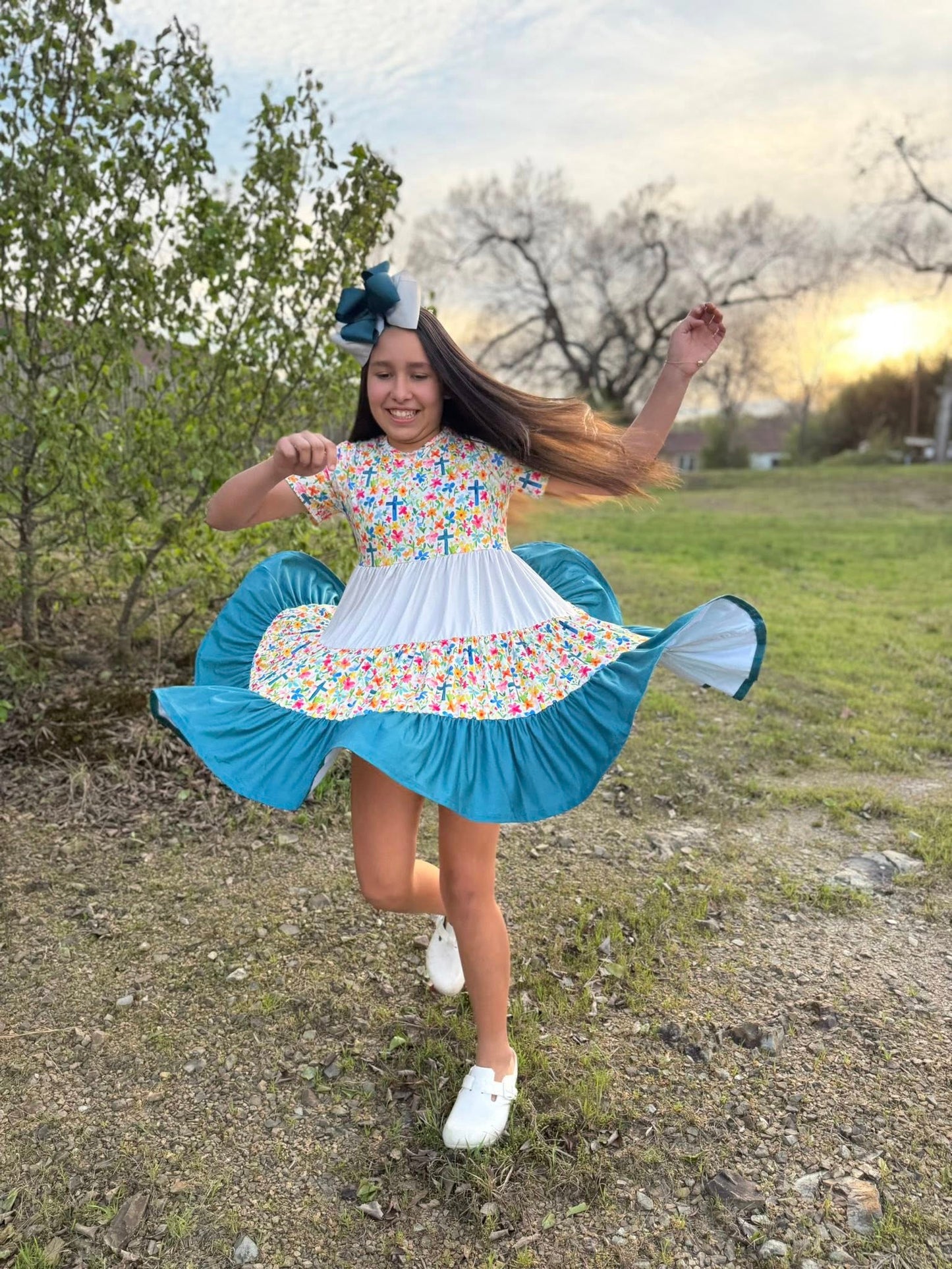 cream/teal/floral cross Bella twirl dress