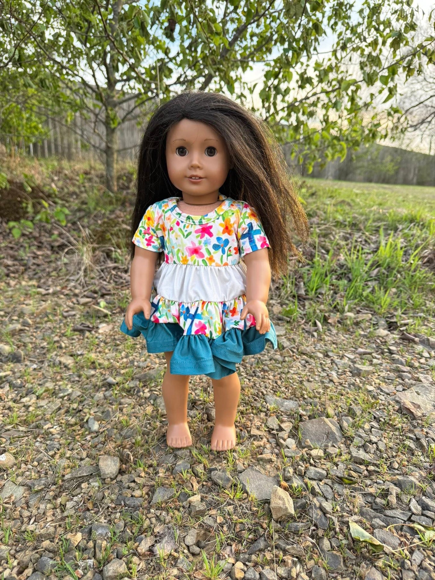 DOLL cream/teal/floral cross Bella twirl dress and floral cross button shorts set