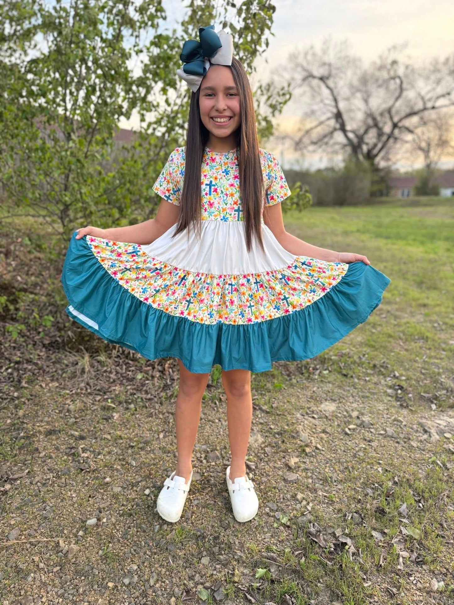 cream/teal/floral cross Bella twirl dress