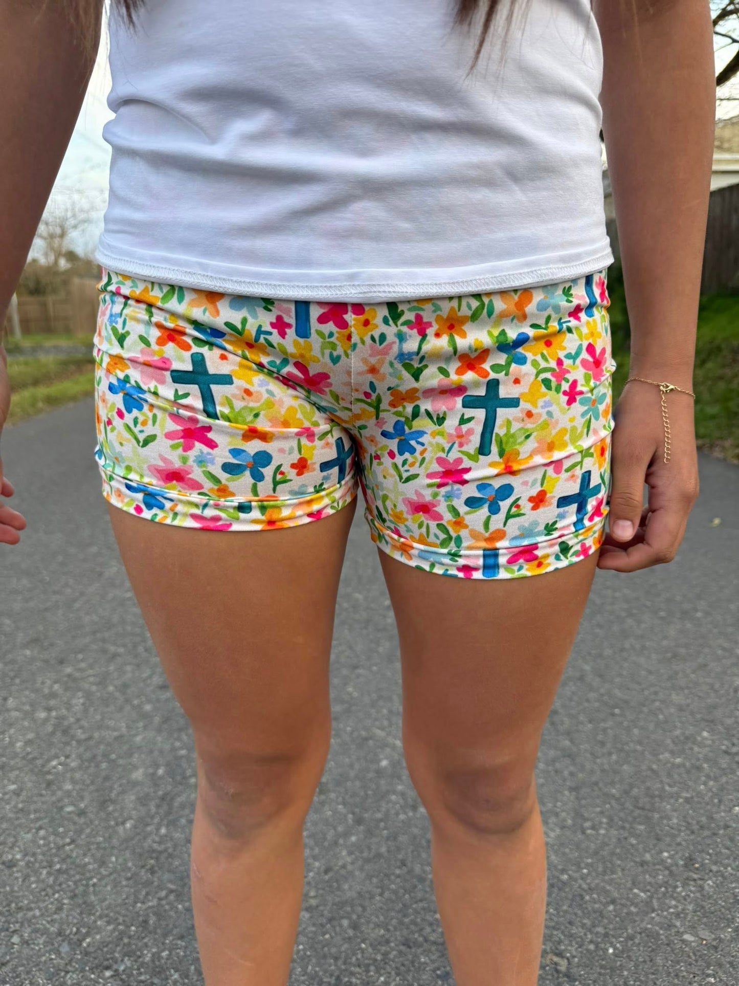 floral cross button shorts
