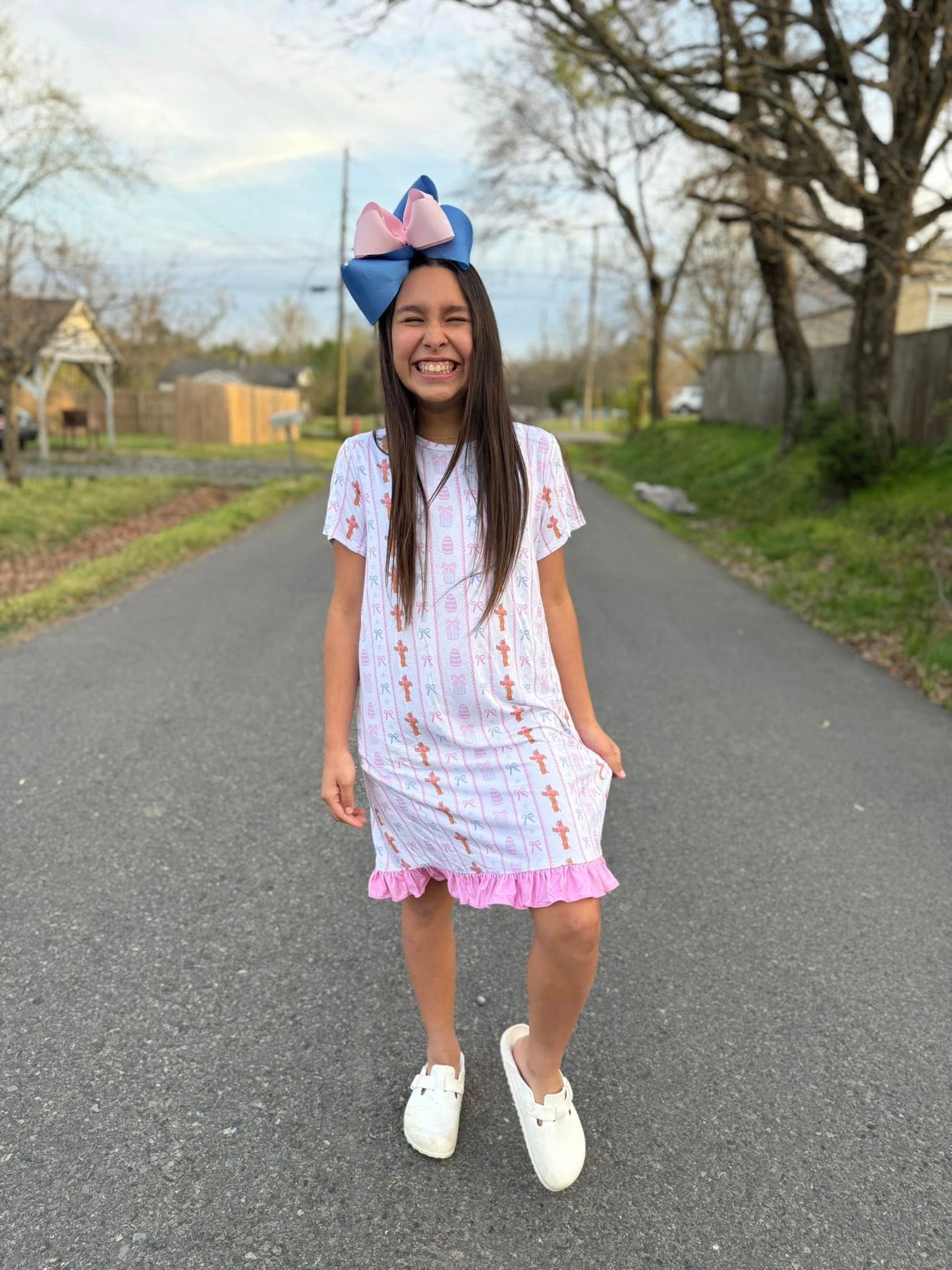 bamboo pink bows and crosses gown