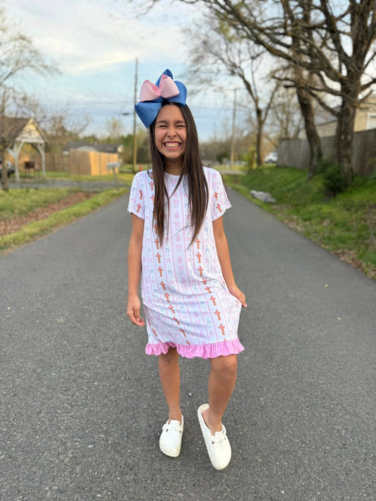 bamboo pink bows and crosses gown