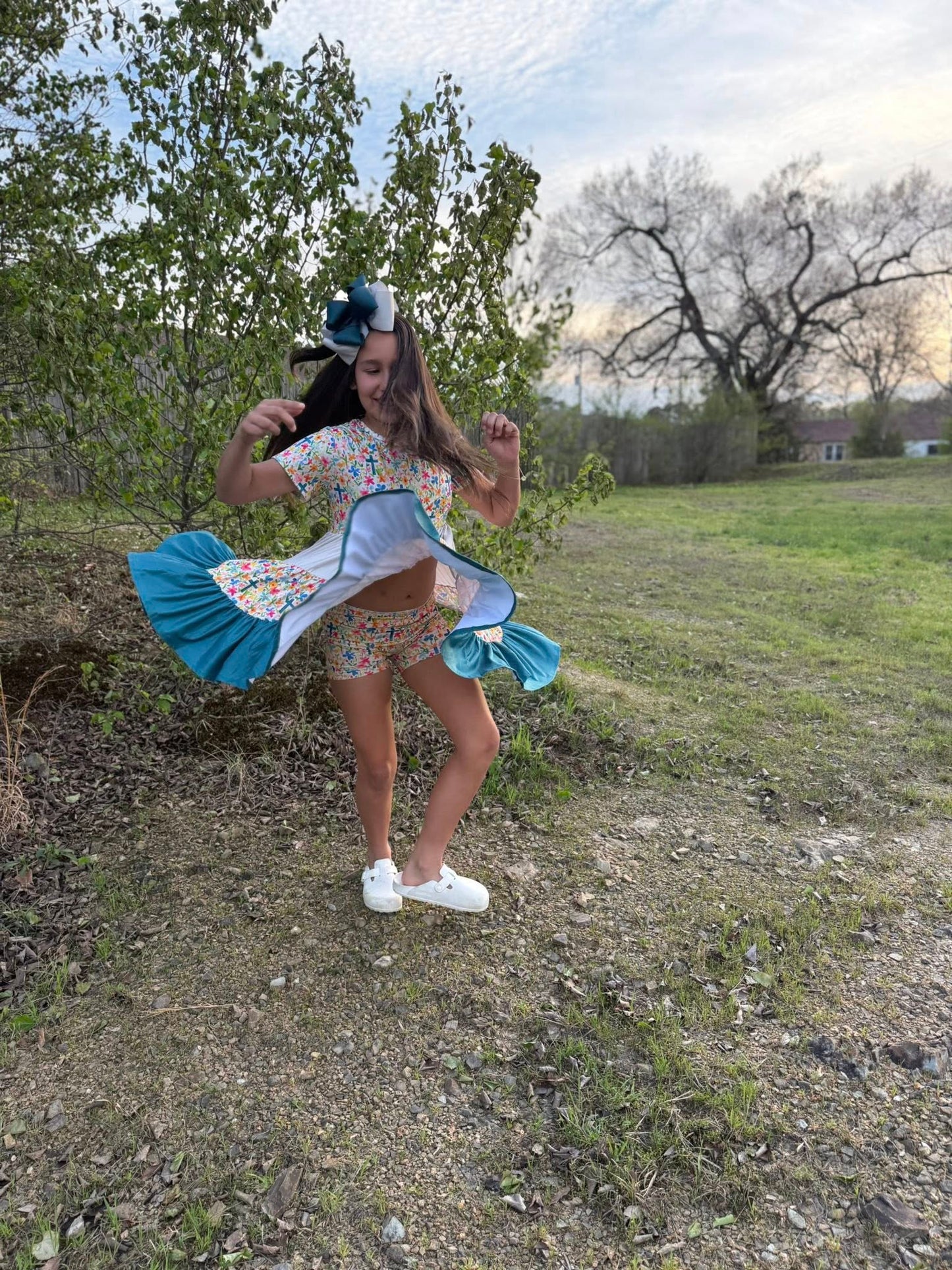 cream/teal/floral cross Bella twirl dress