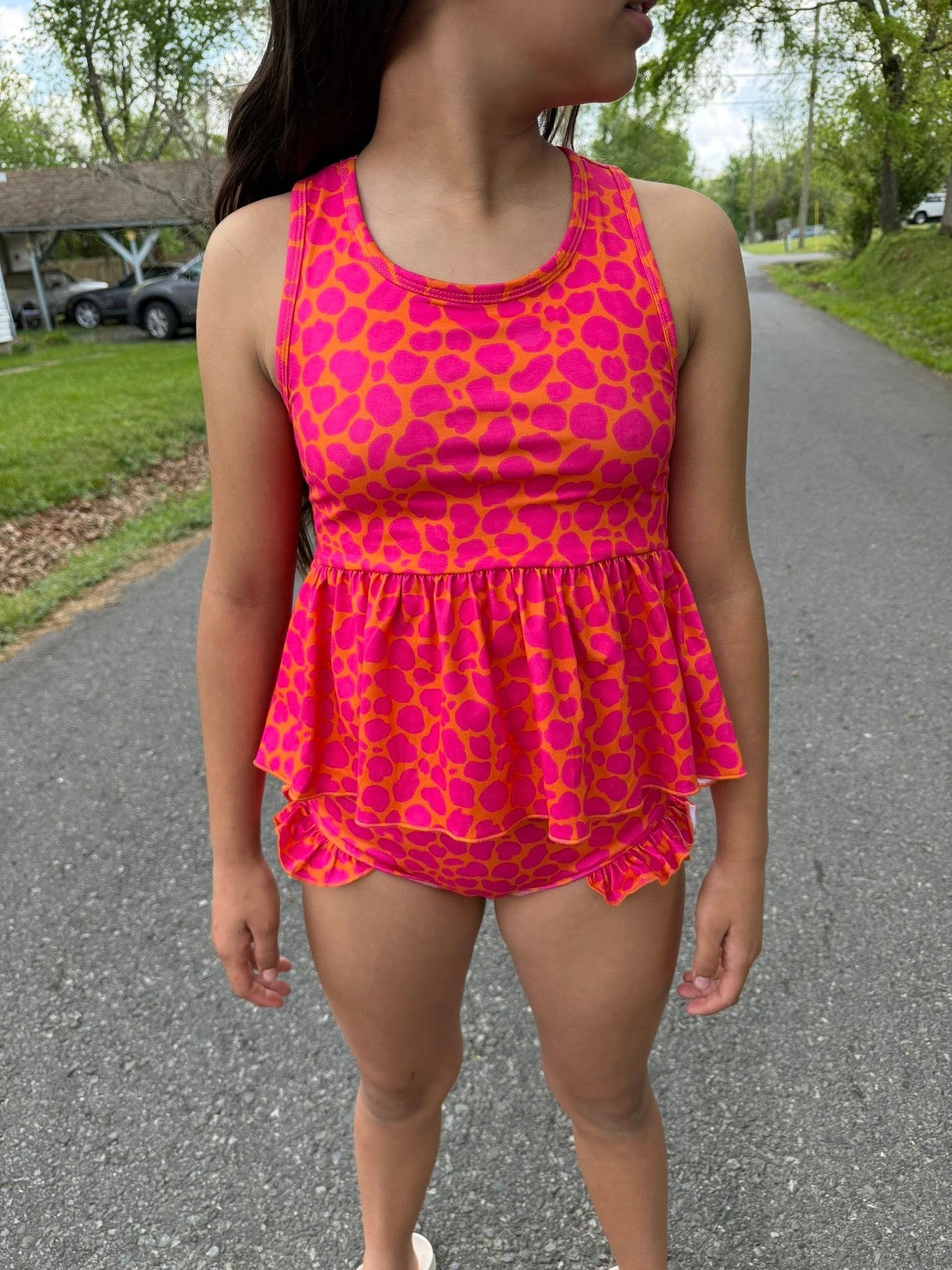 orange and pink leopard racerback swim (milk silk)