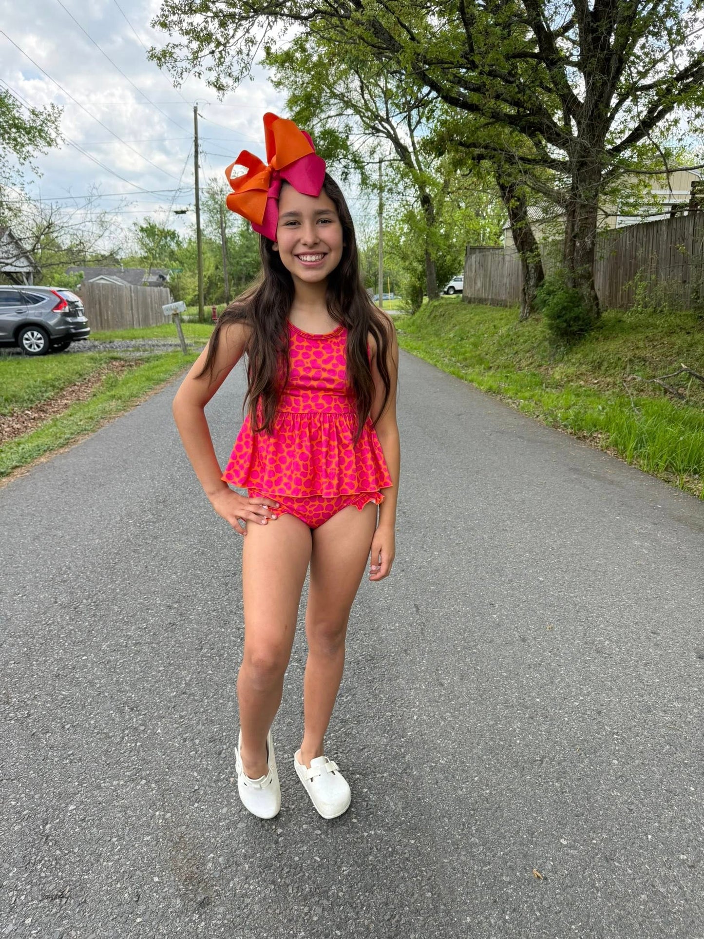 orange and pink leopard racerback swim (milk silk)