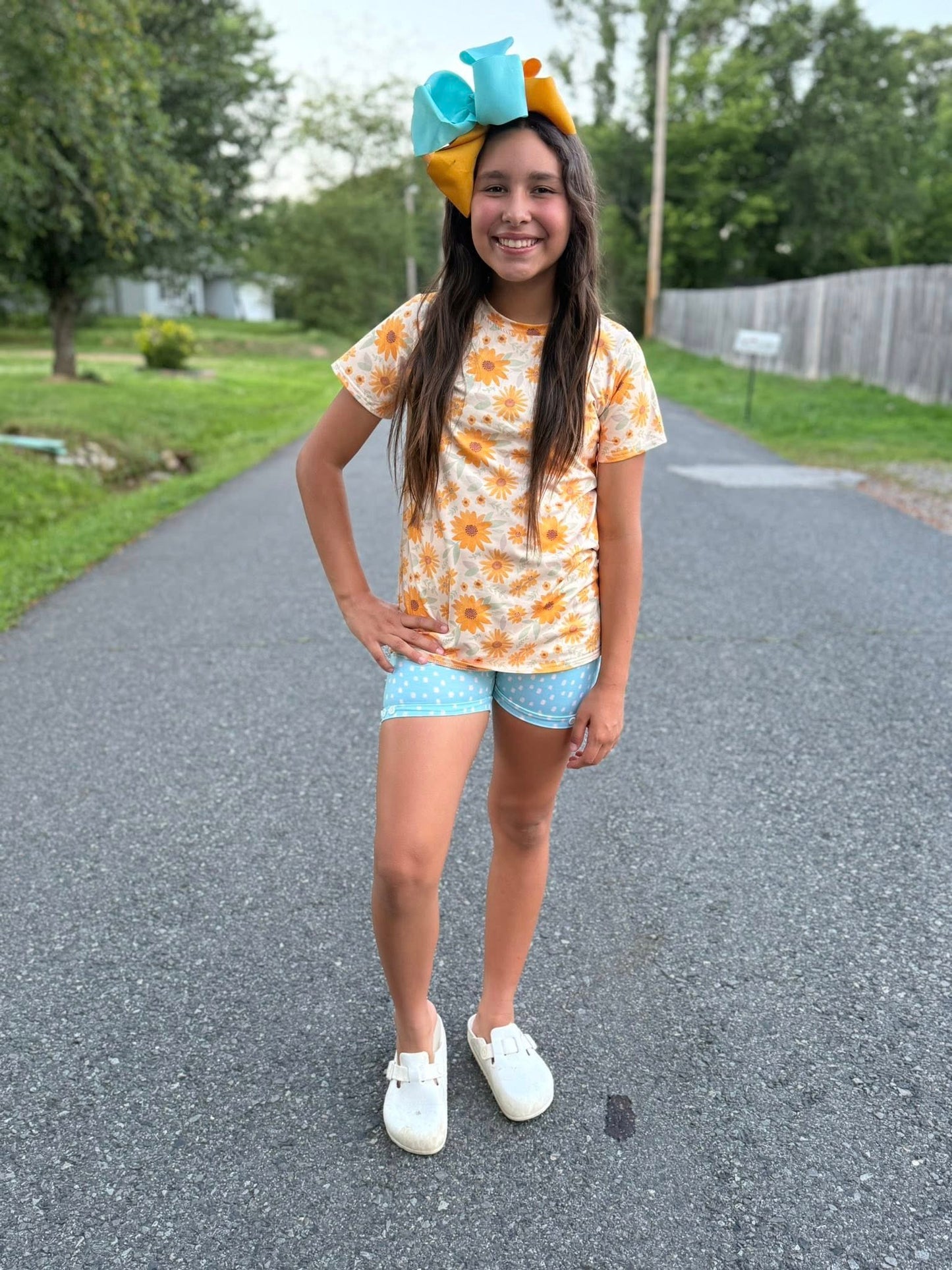 pale blue polka dot button shorts