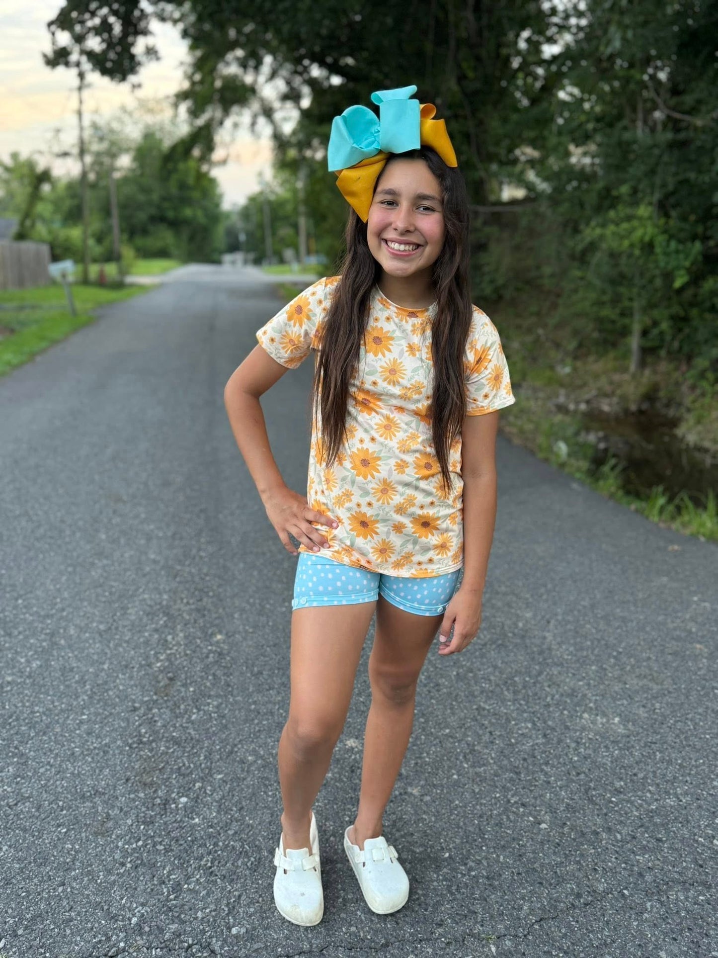 pale blue polka dot button shorts