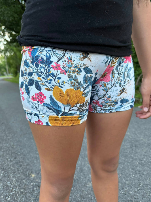 flower and crystal teal button shorts