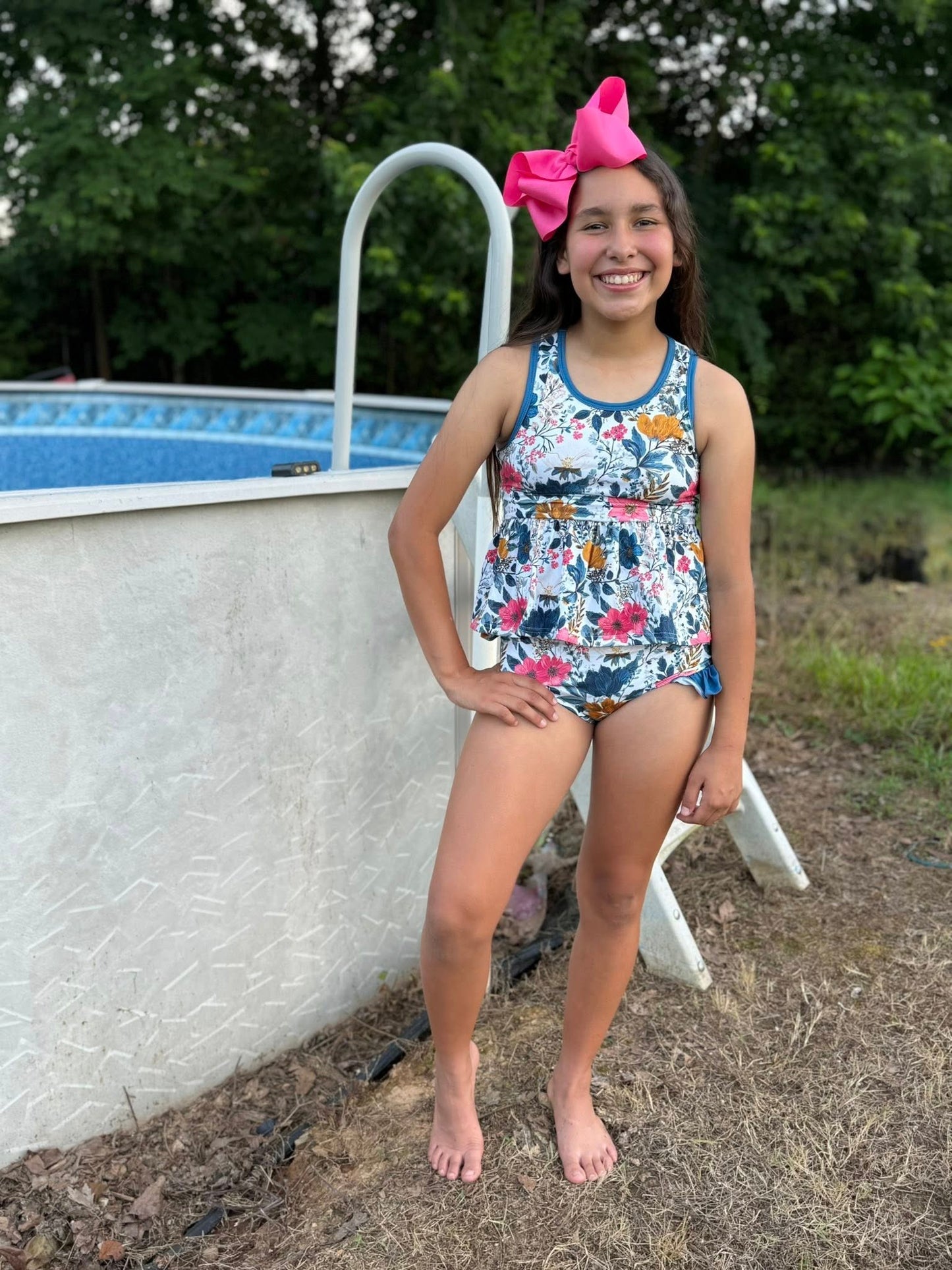 flower and teal racerback swim