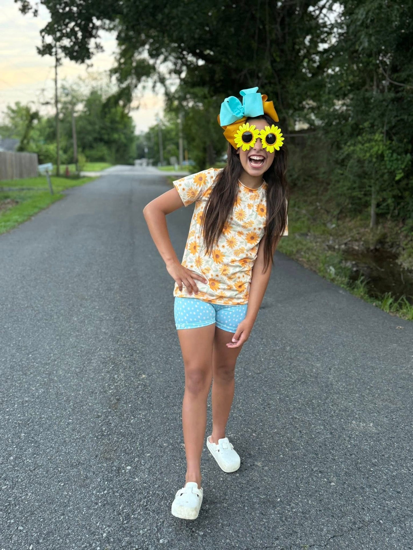 pale blue polka dot button shorts