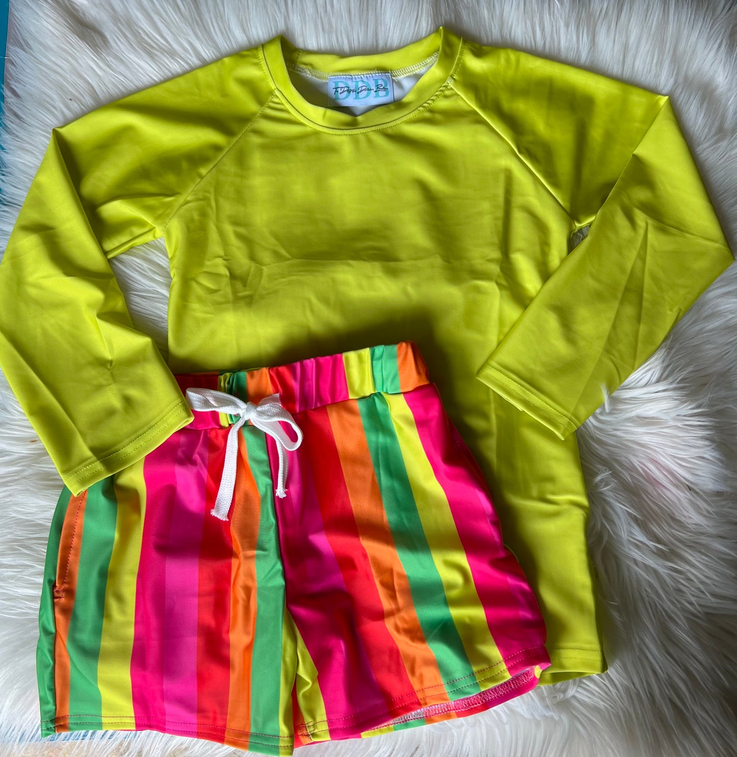 neon stripe swim trunks