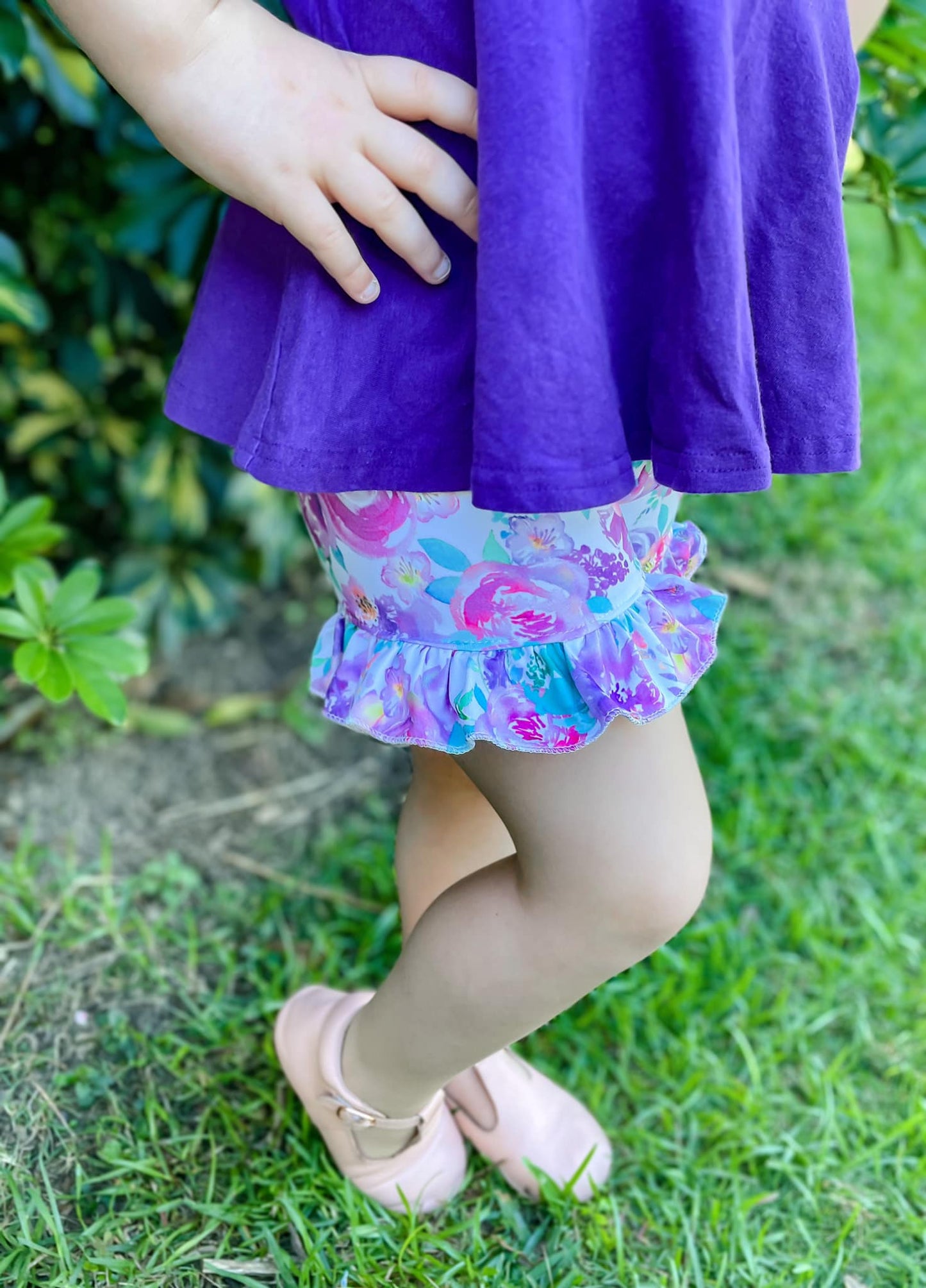 purple watercolor floral shorties