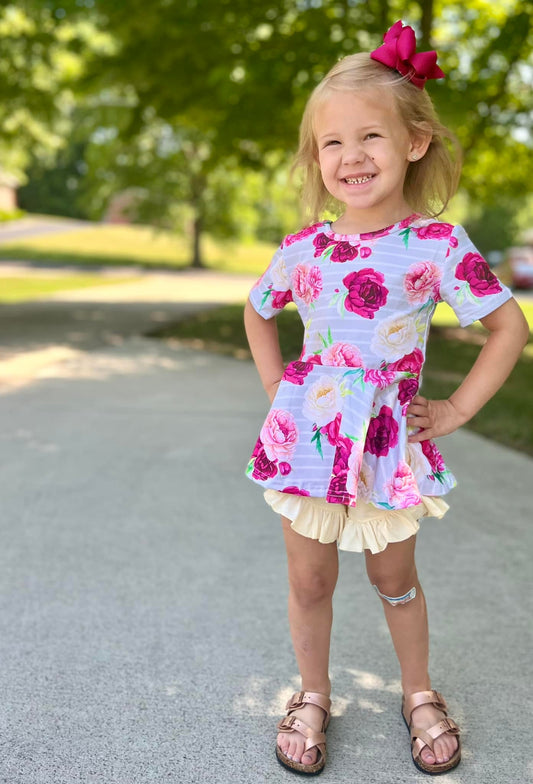 big floral stripe ss twirl top