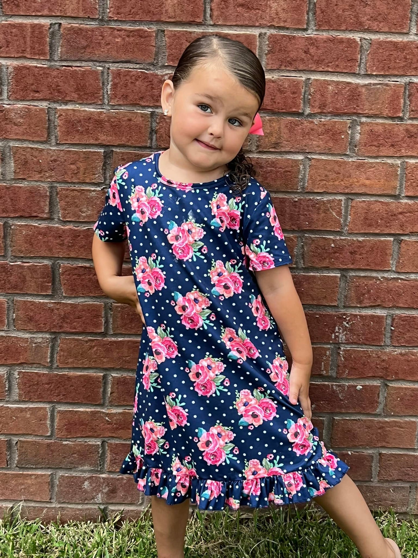 Navy polka dot floral ss gown