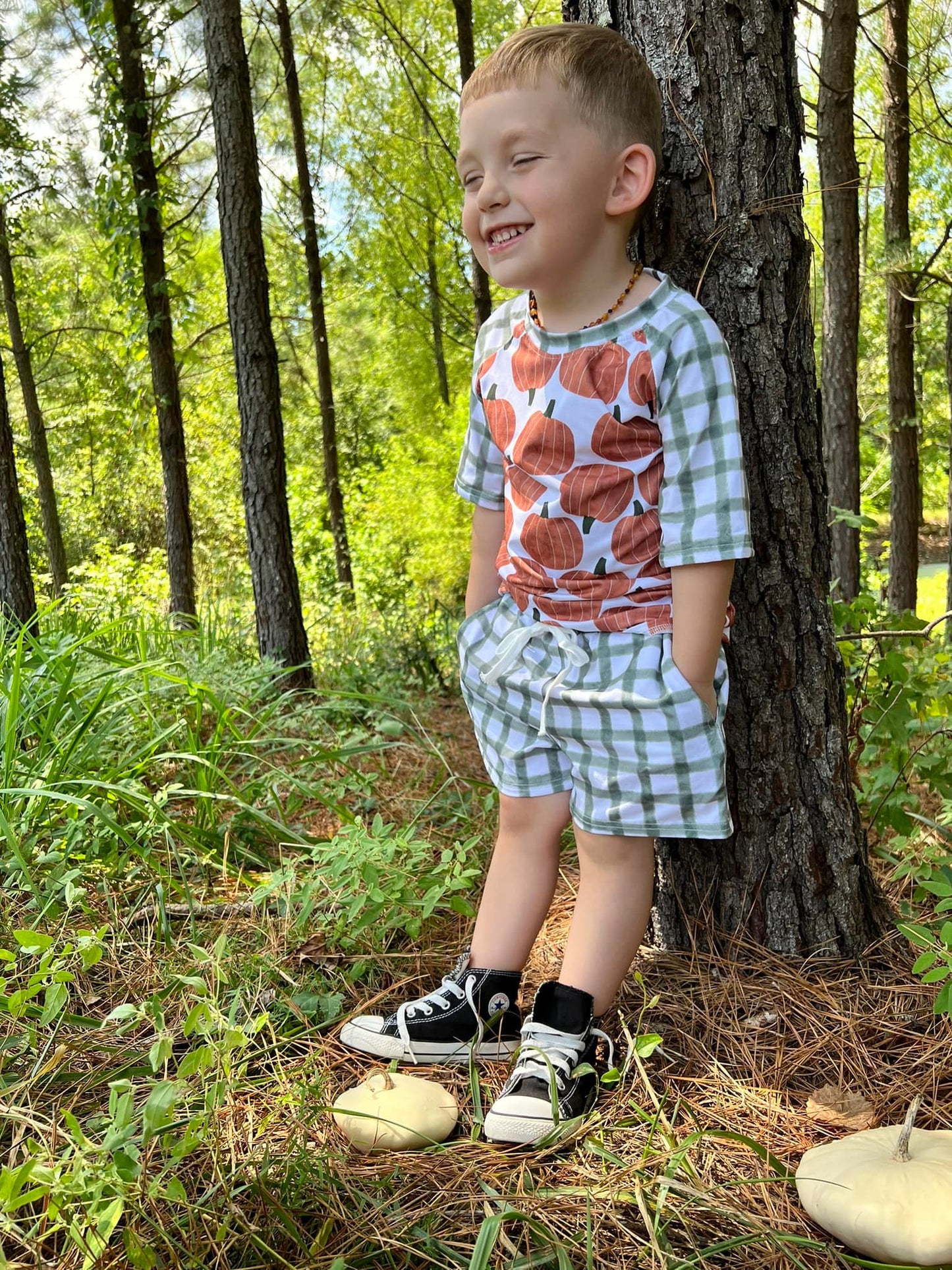 Short sleeve raglan pumpkin and moss green gingham tee