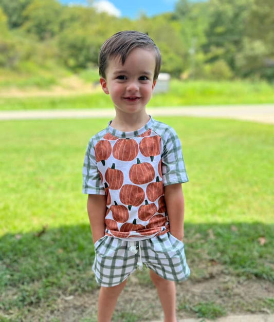 Short sleeve raglan pumpkin and moss green gingham tee