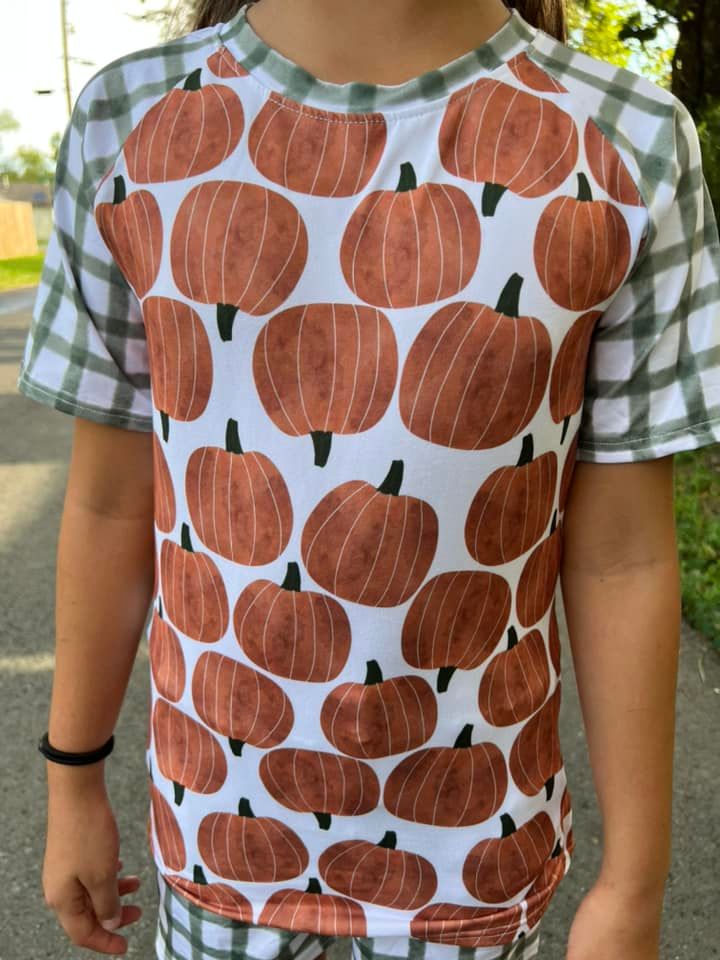 Short sleeve raglan pumpkin and moss green gingham tee