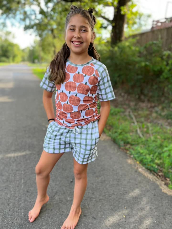 Short sleeve raglan pumpkin and moss green gingham tee