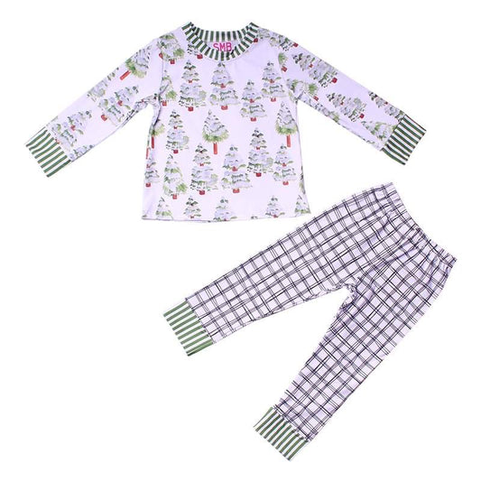 Snowy Christmas trees, black stripe plaid and green stripe  jammies (children and adults)