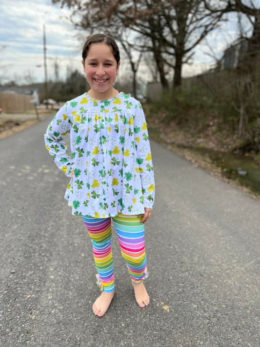 watercolor rainbow stripe ruffle button leggings