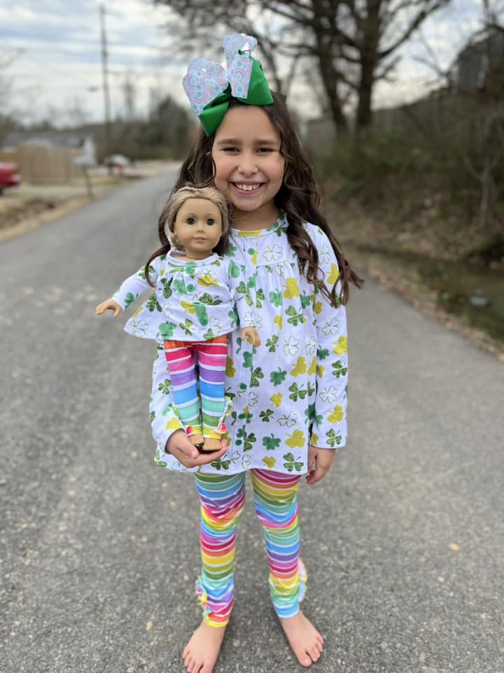 DOLL shamrock watercolor rainbow stripe outfit