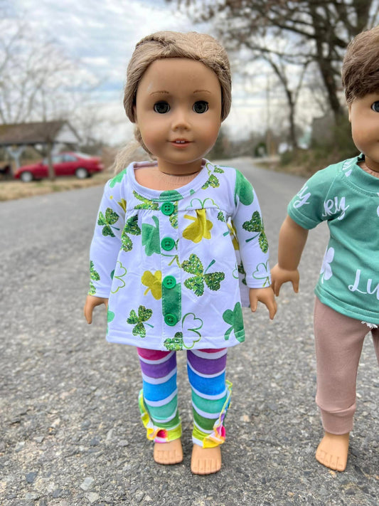 DOLL shamrock watercolor rainbow stripe outfit