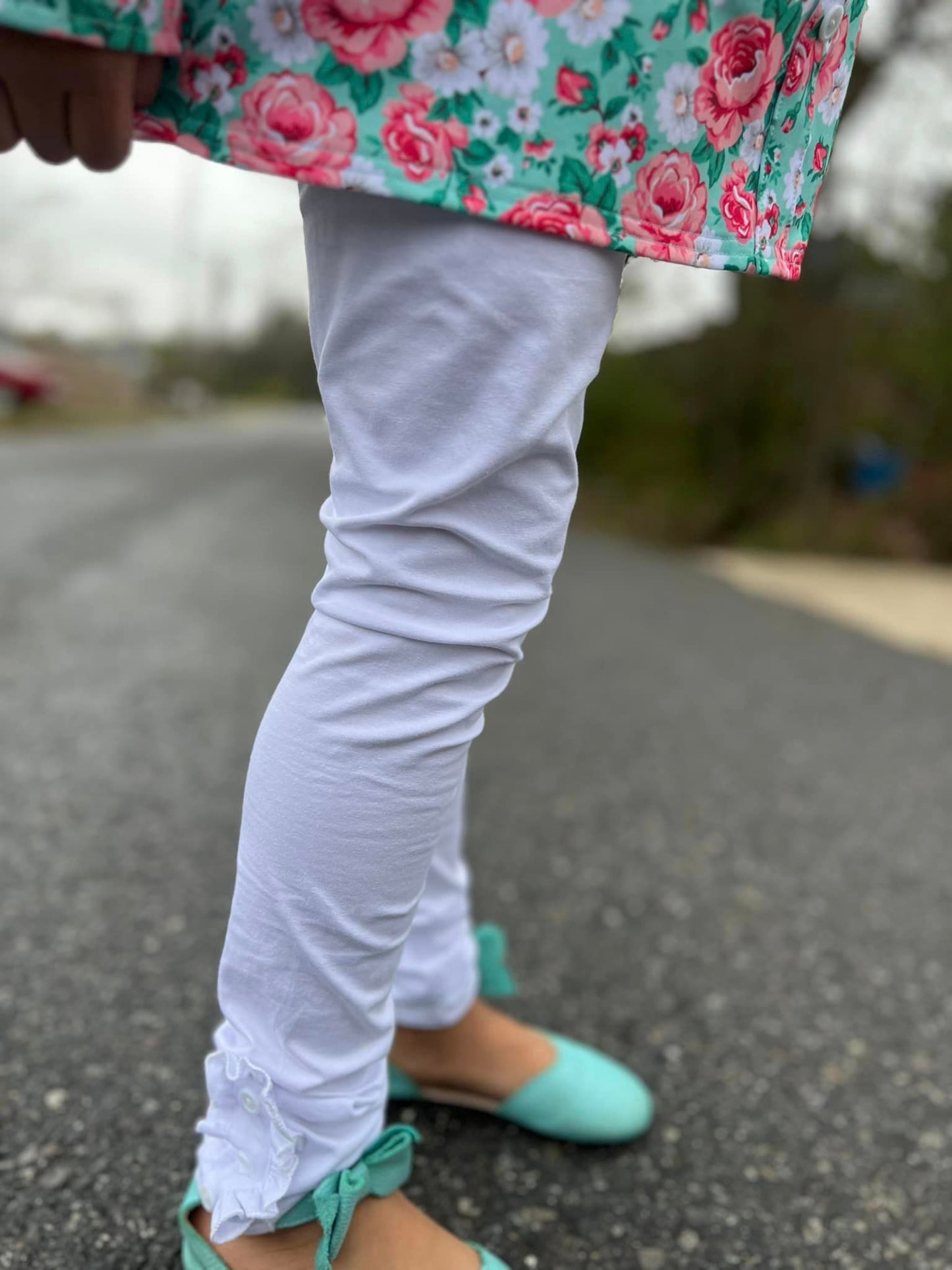 white ruffle button leggings