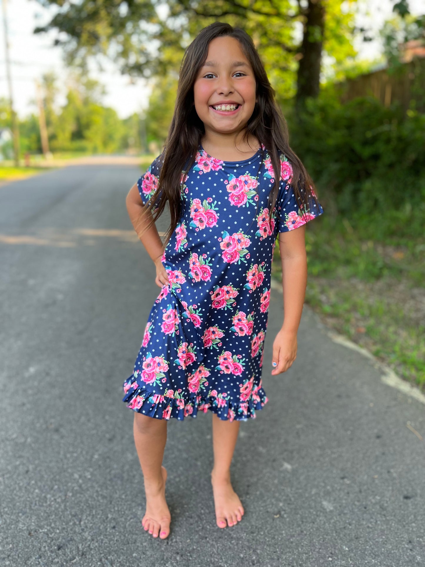 Navy polka dot floral ss gown